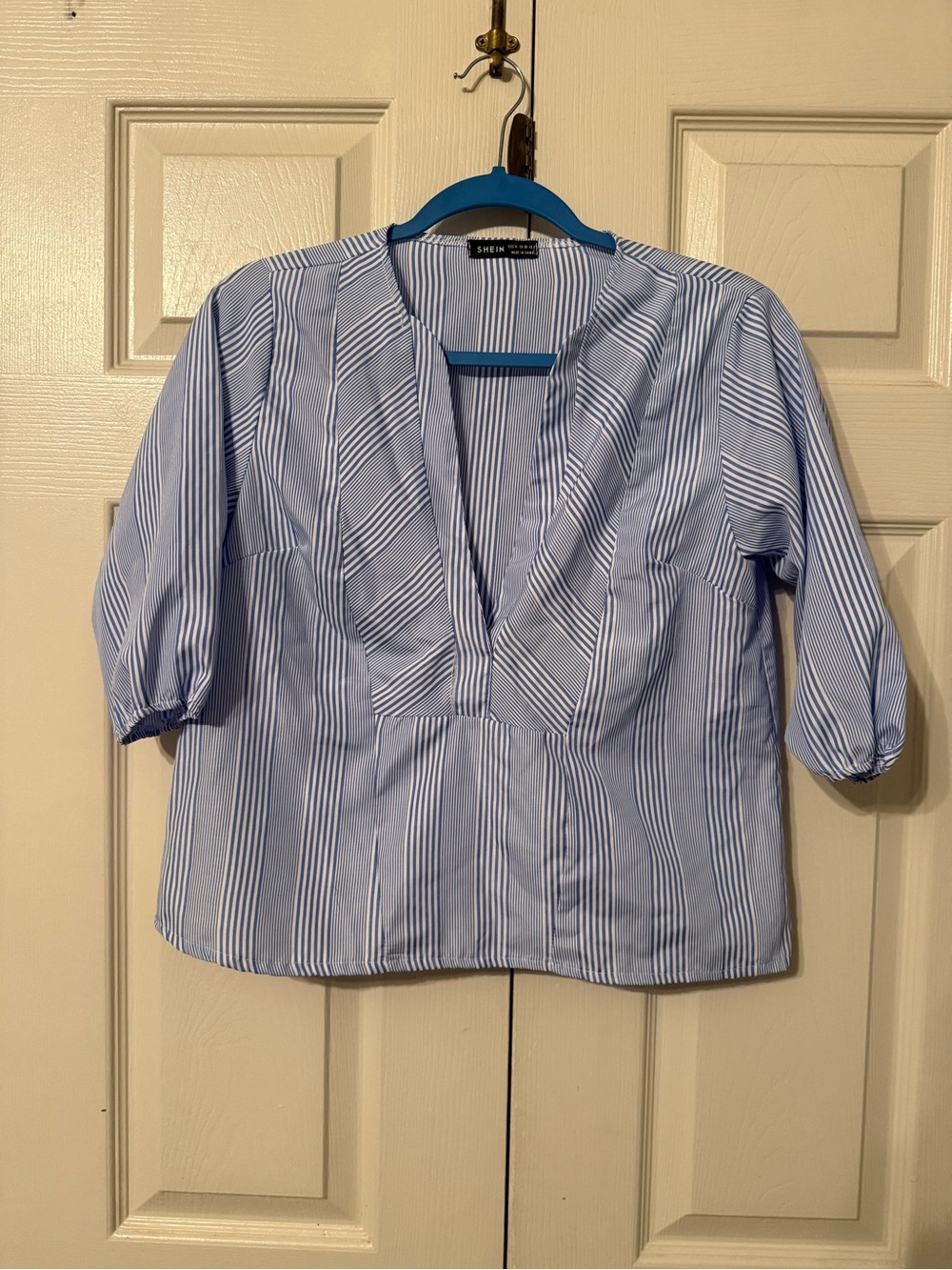 SHEIN Light Blue & White Striped V-Neck Ruffle Blouse